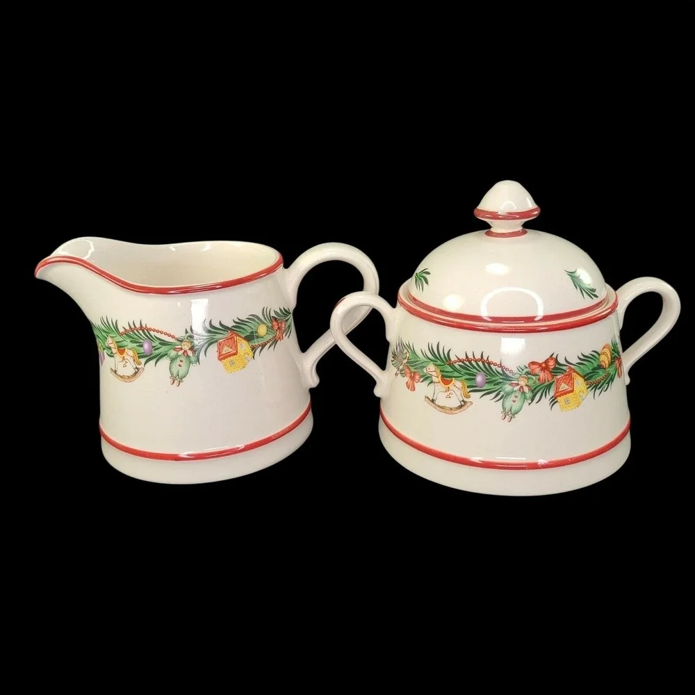 Spode Christmas Memories Creamer Sugar‎ Bowl With Lid Set England Discon Vintage
